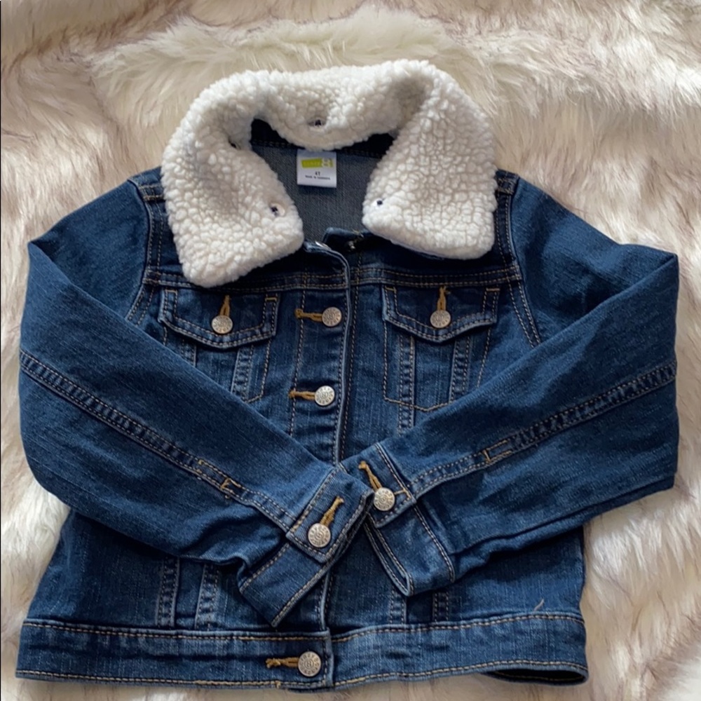 Denim jacket with faux fur trim